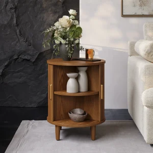 Modern Mid Century Round Side Table With Sliding Tambour Door Storage Shelf (2)