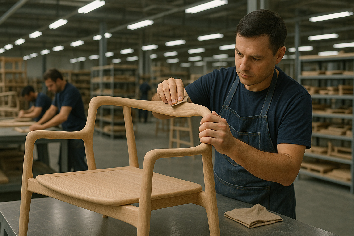 Craftsmen hand finishing a chair in a modern factory Craftsmen hand finishing a chair in a modern factory