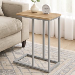 Modern C Shaped Side Table with Metal Frame and Wood Top