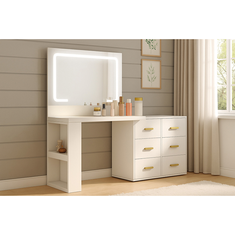 Modern Makeup Vanity Desk with LED Mirror and Storage Drawers (3)