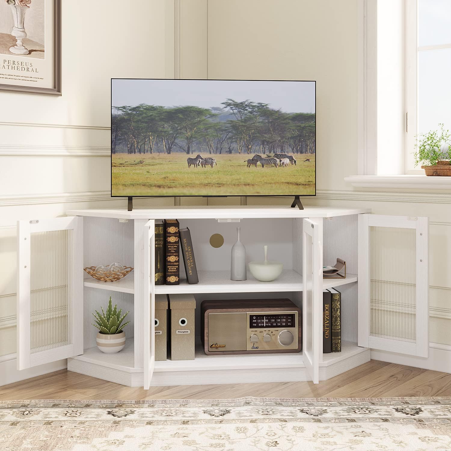 Stylish White Corner TV Stand with Storage for Living Room (1)