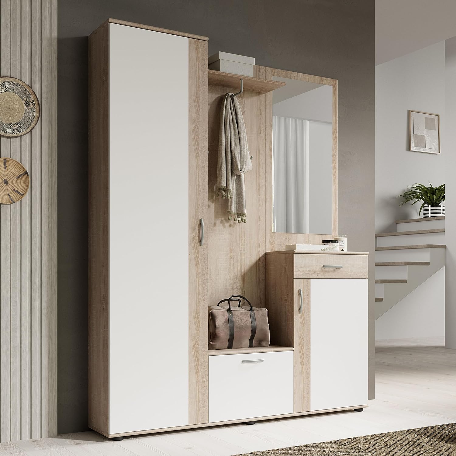 Wooden Coat Rack Set with Mirror and Storage (1)