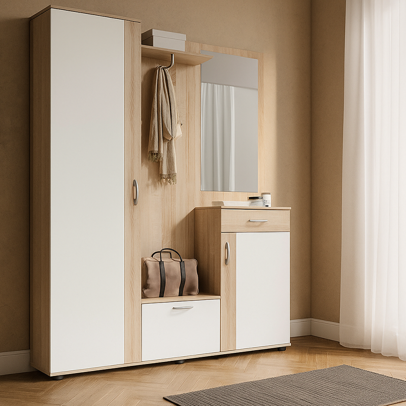 Wooden Coat Rack Set with Mirror and Storage (1)