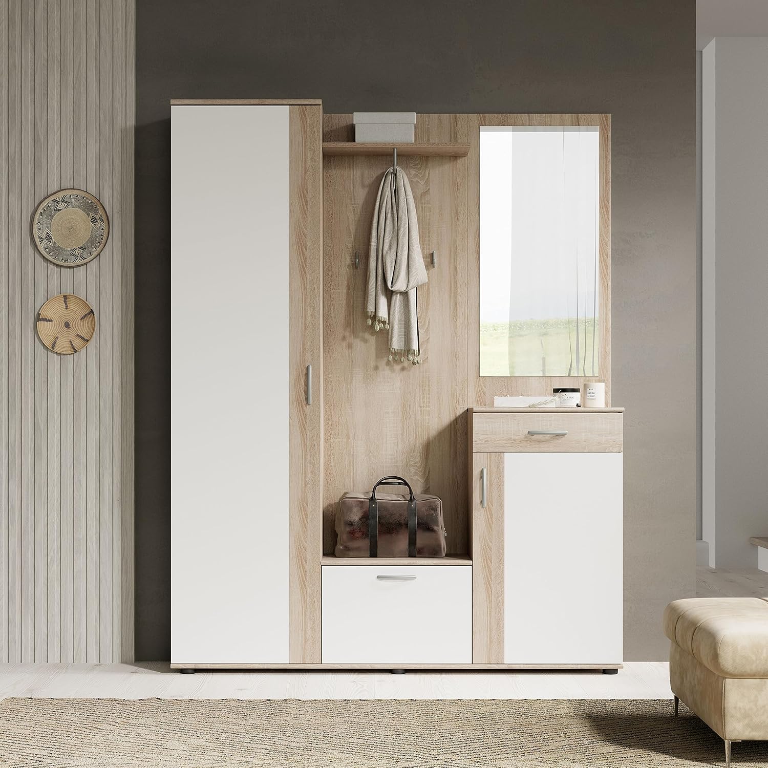Wooden Coat Rack Set with Mirror and Storage (2)