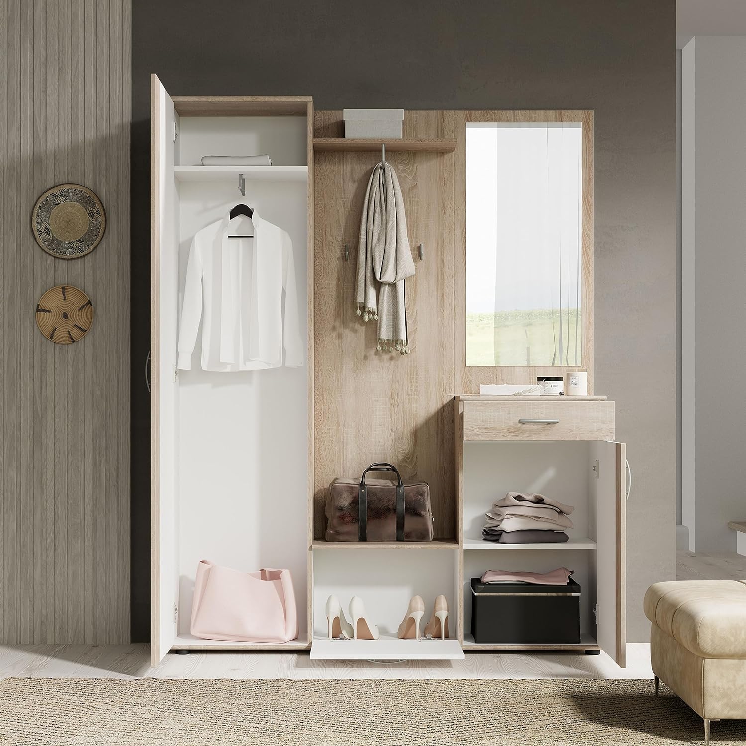 Wooden Coat Rack Set with Mirror and Storage (4) Wooden Coat Rack Set with Mirror and Storage (4)
