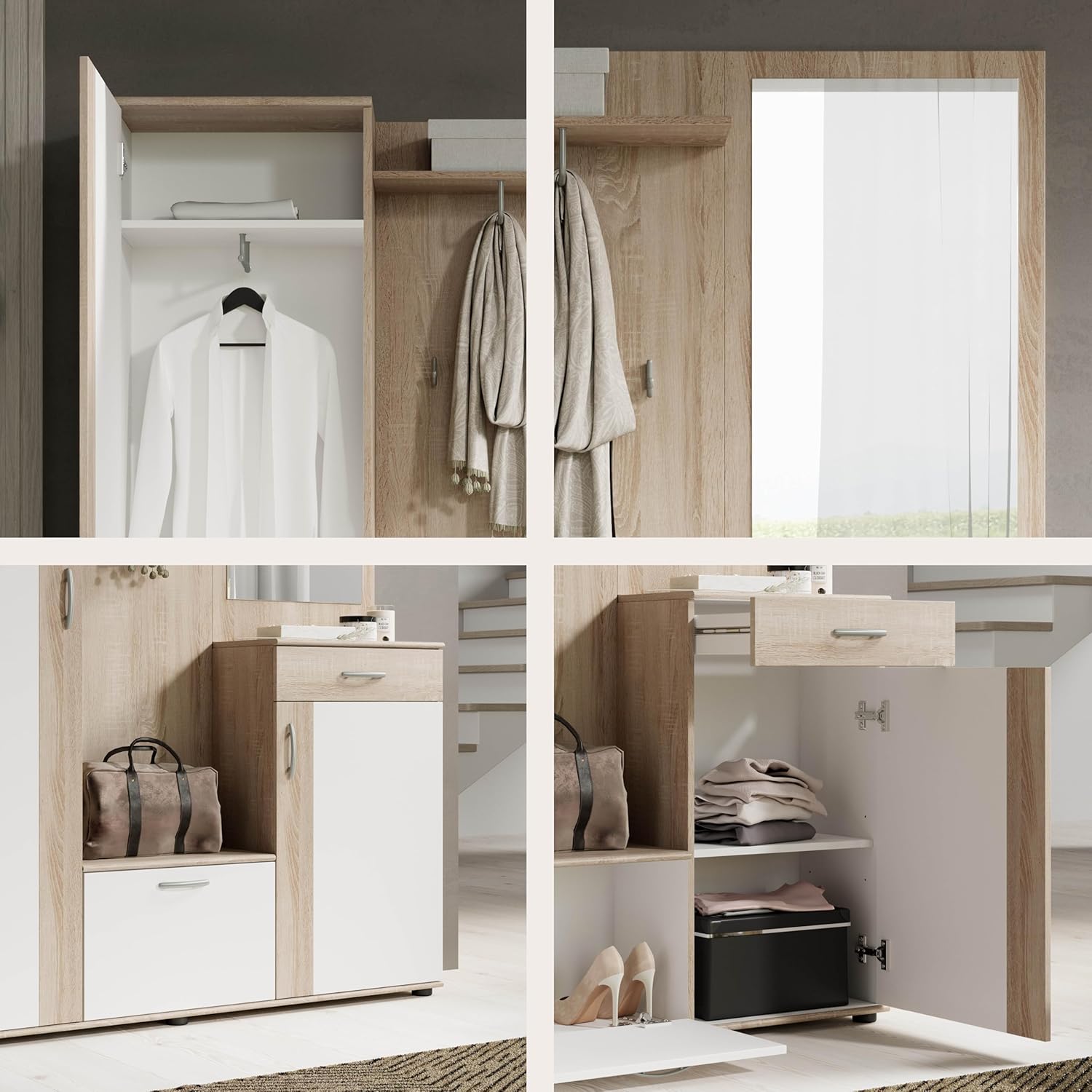 Wooden Coat Rack Set with Mirror and Storage (5)