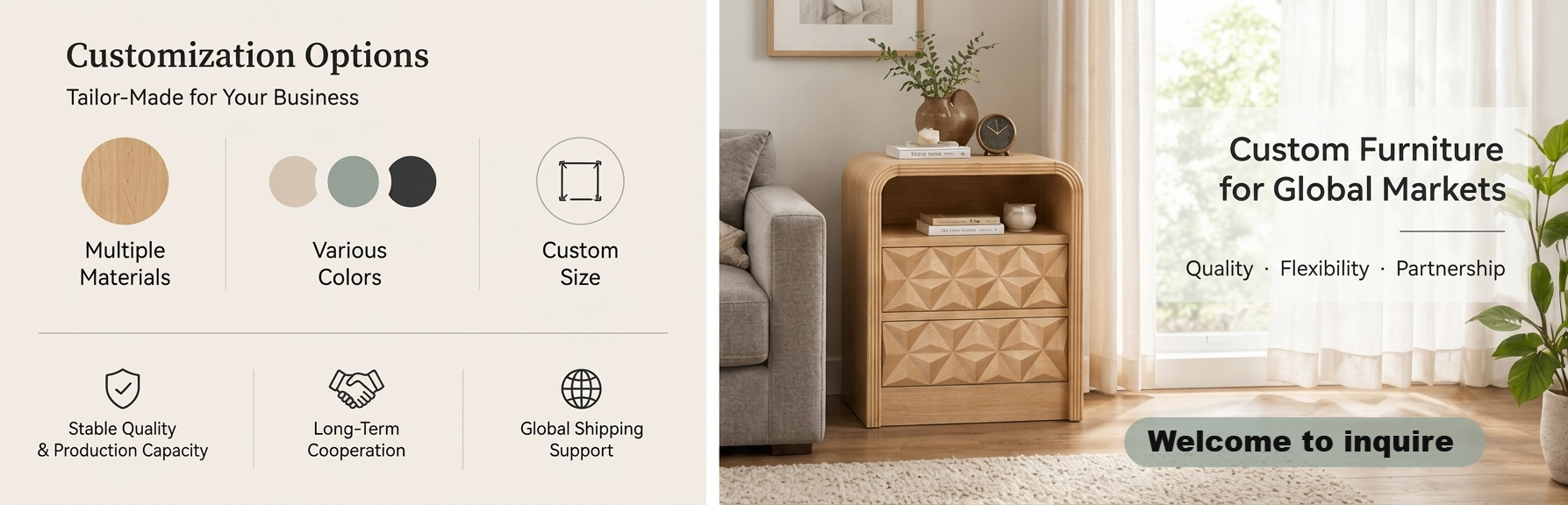 Geometric drawer nightstand with rounded frame and open storage compartment