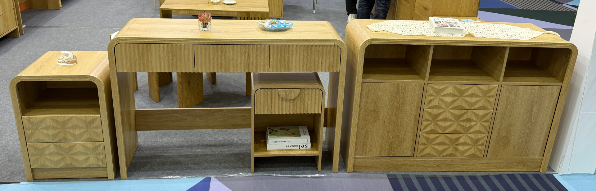 Geometric drawer nightstand with rounded frame and open storage compartment