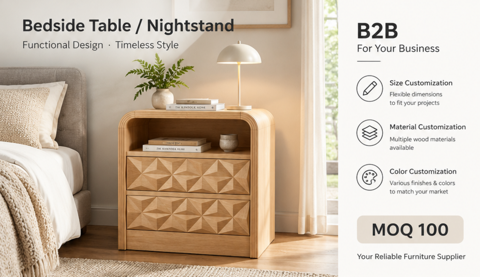 Geometric drawer nightstand with rounded frame and open storage compartment